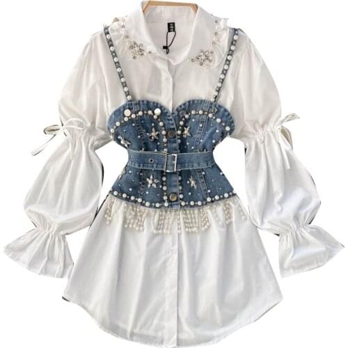 2021 spring and autumn new womens fashion shirts with long sleeves, elegant shirts and denim vests, 2-piece clothing