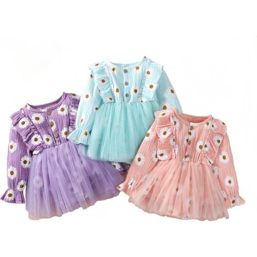 Infant Baby Girls Long Sleeve Dress with Daisy Pattern, Mesh Stitching Ruffle Decoration Spring Clothing