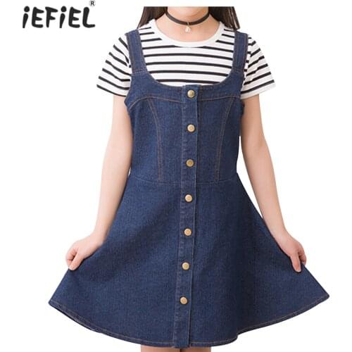 Girls Suspender Dress Summer Straps Kids Princess Dress For Girls Ruffle Hem A-line Denim Overalls Dress Children Clothing 4-12Y