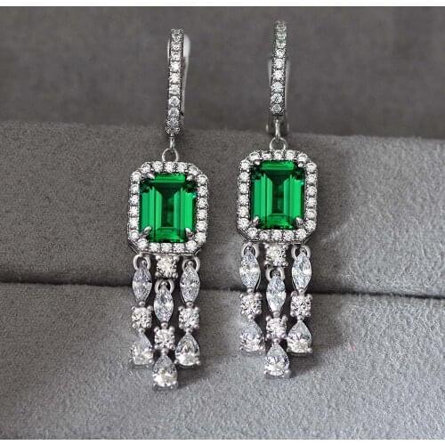 Luxury 925 Sterling Silver Earring Created Emerald High Carbon Diamond Wedding Party Anniversary Earrings For Women Fine Jewelry