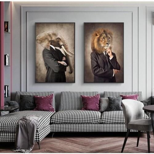 Elephant in a Suit Nordic Vintage Canvas Art Posters And Prints Man with Animals Head Canvas Paintings On The Wall Art Pictures