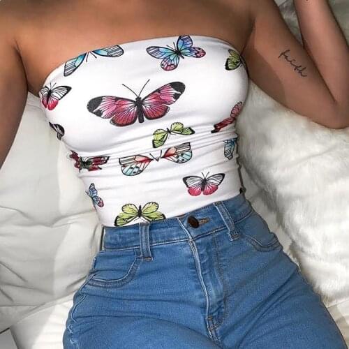 Butterfly Print Sexy Strapless Off Shoulder Tube Tops Clubwear Fashion 2020 New Summer Women Slim Crop Tops Female Clothing