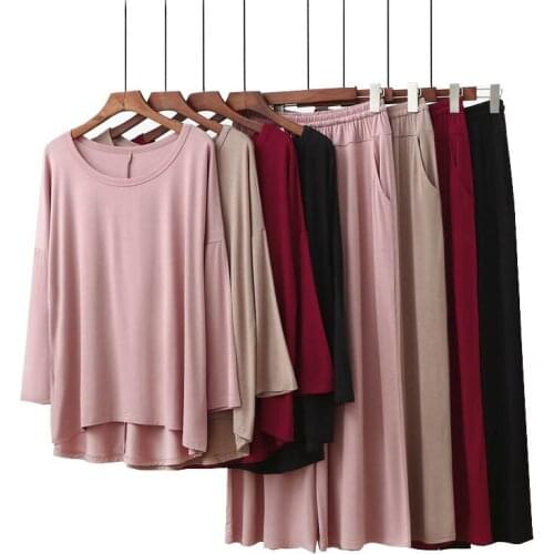 Spring And Fall Ladies Pajamas Set Solid Color Large Loose Thin Women Homewear Comfort Modal Full Sleeve+Wide Leg Pants Homewar