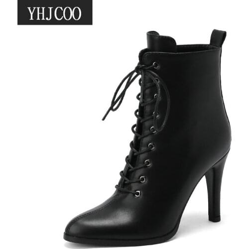 2021 New Women Ankle Boots Female Women Shoes Fashion Black High Heels Pointed Toe Lace Combat Boots for Women Autumn Winter 43