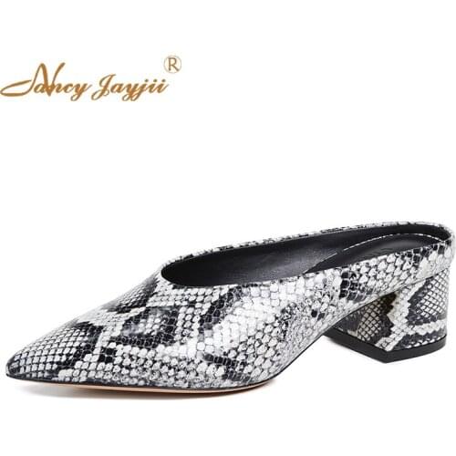 Snakelike Red White Mules Med Heels Pointy Toe Slippers Casual Leisure Shoes Womens Plus Size 12 14 Summer Spring 2019 New Sexy