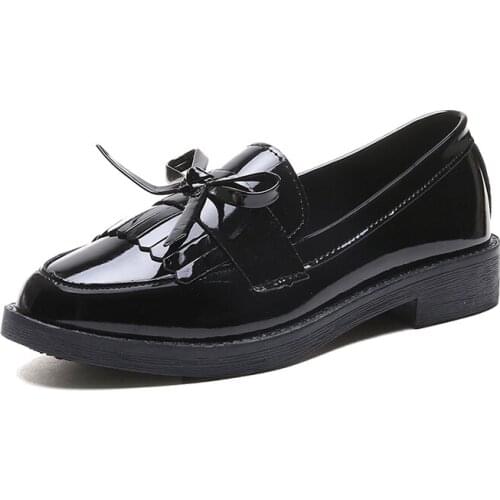 2020 Autumn Spring New Solid Oxford Shoes for Women Student Retro British Black Leather Flat Shoes Slip on Casual Shoes Woman
