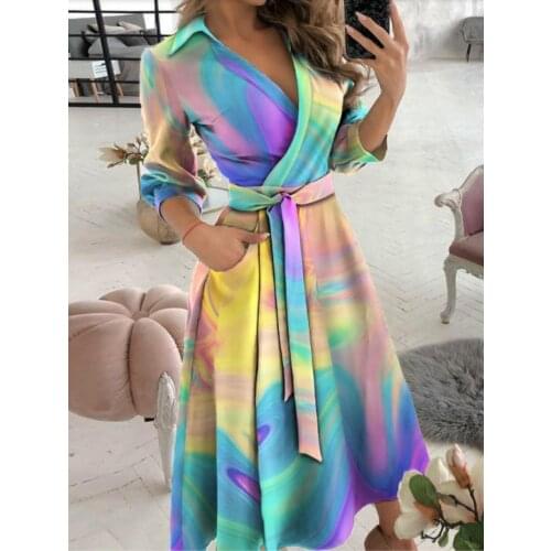 2021 Hot Sell Spring Summer Long Boho Dress for Women Clothing Fashion Turn Down Collar V Neck Tie Dye Long Sleeve Dress Woman
