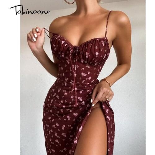 Tobinoone Flower print autumn dress Women split midi party dress Spaghetti Strap backless sexy evening nightclub dress vestidos