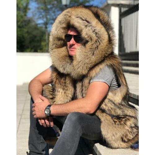 Winter Hooded Fur Vest Men Real Fur Jacket Natural Raccoon Fur Waistcoat High Quality Warm Thick Outwear Custom Plus Size