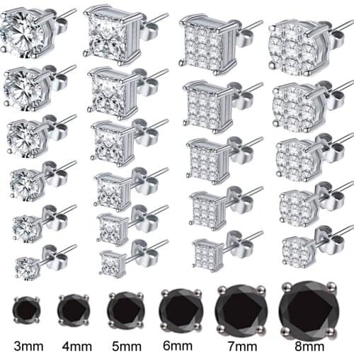 12Pcs/lot Crystal Stainless Steel Earring Studs Sets for Women Black Round Zirconia Ear Stud Earrings Helix Cartilage Earring