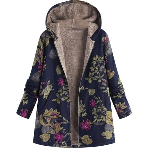 2019 Womens Outwear Coat Warm Outwear Floral Print Hooded Pockets Vintage Oversize Coats Hooded Coats Cotton Winter Jacket