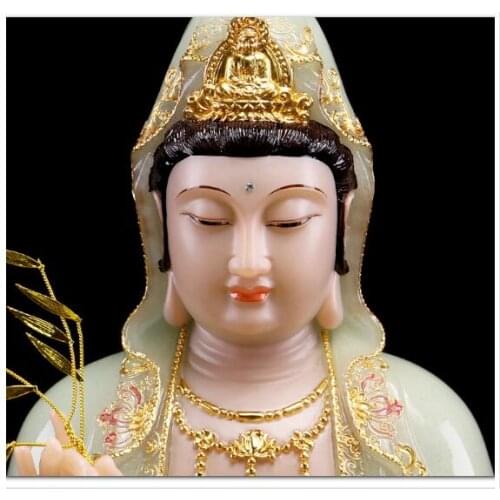 30cm LARGE- high-grade Natural jade gilding Guanyin Buddha home Temple efficacious Talisman Mascot carving Sculpture statue