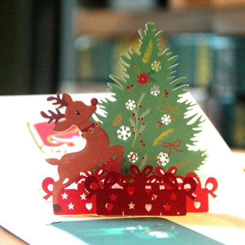 3D Laser Cut Handmade Color Printed Christmas Cute Elk with Gift Tree Paper Blessing Greeting Card PostCard Kids New Year Gift