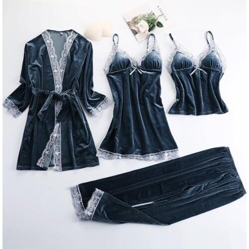 4pcs Velour Pyjamas Sets Sexy Womens Home Wear Pajamas Sleep Suit Lingerie With Chest Pads Sleepwear Casual Winter Nightgown