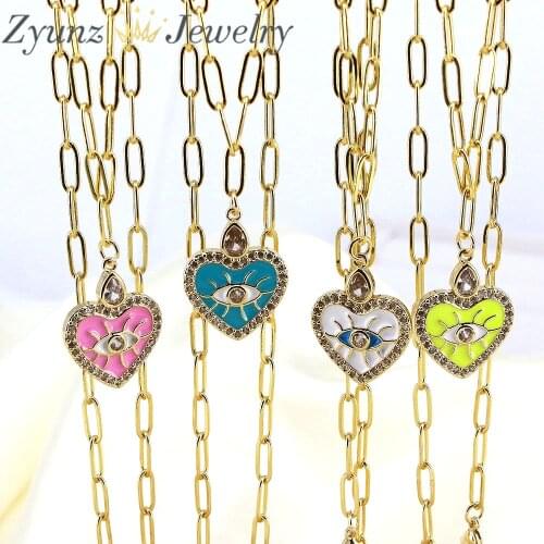 5PCS, Love Enamel Crystal Heart Eye Chunky Necklace for Women Gold Chain Fashion Female Choker Jewelry Charm Necklace New