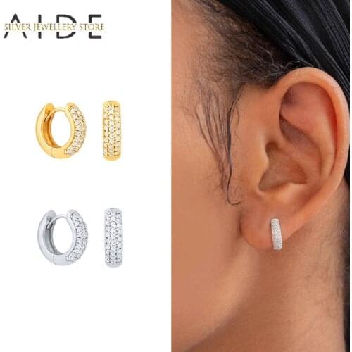 AIDE Wide Zircon Round Hoop Earrings for Wqmen Fashion Simple 925 Sterling Silver Piercing Huggie Earrings Jewelry Pendientes