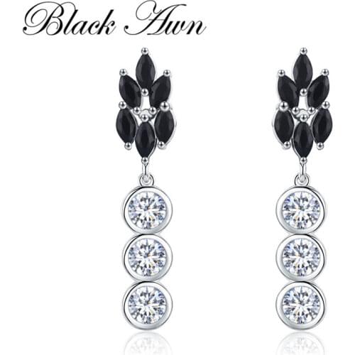 [BLACK AWN] Real 925 Sterling Silver Jewelry Black Spinel Wedding Drop Earrings for Women Fine Jewelry Female Bijoux I069