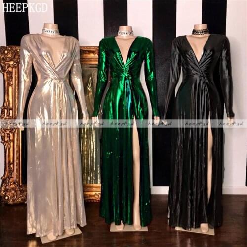 Shiny Green Long Sleeves Prom Dresses V Neck High Slit Plus Size Women Wedding Party Dress Customize Formal Gowns Cheap