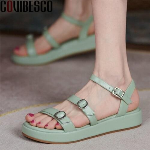 COVIBESCO Concise Fashion Summer Women Sandals Casual Genuine Leather Platforms Flats Buckle Comfortable Casual Shoes Woman New