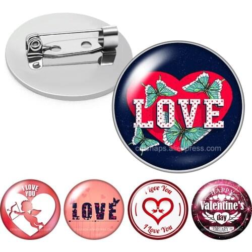 Heart Love Valentines Day Lovers I Love you Cupid Glass cabochon Brooch Dome Photo Jewelry Brooches Pin Men Woman Gift