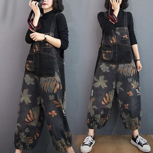 Streetwear Spring Summer New Look Thin Korean Printed Denim Overalls Women Loose Jeans Casual Nine-point Jumpsuit Bib Pants