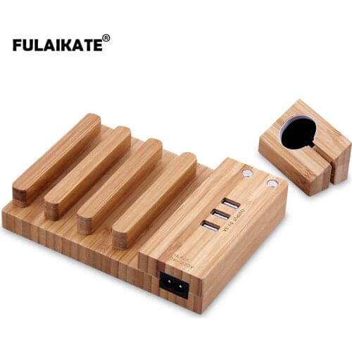 FULAIKATE Bamboo Wood Stand for iPhone11 3-Ports USB Charging Smart Watch Dock Station Desktop Mobile Phone Universal Support