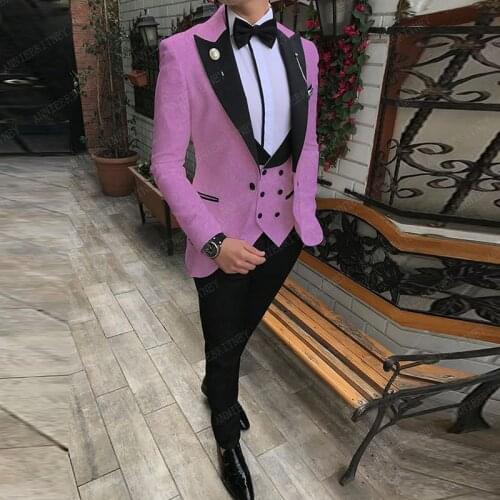 Classic Jacquard Men Suit 3 Pieces Slim Fit Formal Business Suits Blazers Pink Groom Wedding Suits Tuxedo Jacket Vest Pants Set