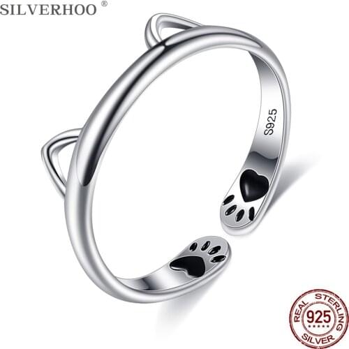 SILVERHOO Adjustable Women Rings 925 Sterling Silver Open Ring Cute Kitten Ear Birthday Jewelry Epoxy Footprint Shape Design