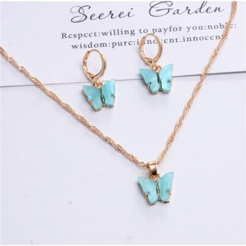 Acrylic Butterfly Earrings Pendant Necklaces Combination Set Japan and South Korea Sweet Style Alloy Chain Butterfly Jewelry Set