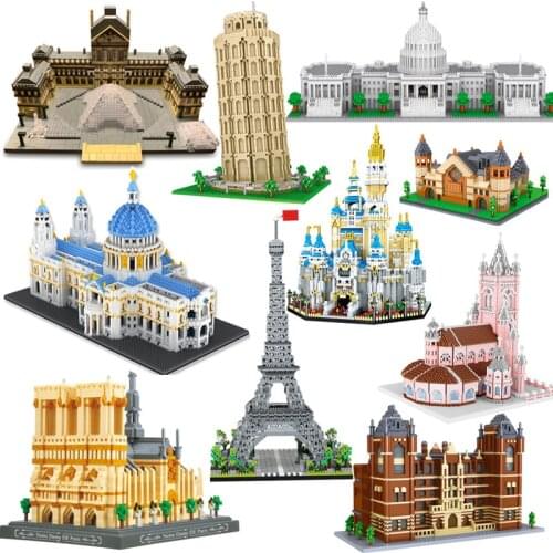 World Famous Architecture Diamond Building Blocks Eiffel Tower Louvre Church Micro Blocks Bricks Construction Toys for Children