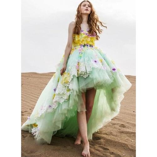 Pretty Garden Floral High Low Women Formal Party Dresses Mint Green Long Tulle Prom Gowns Lace Flower Party Dress