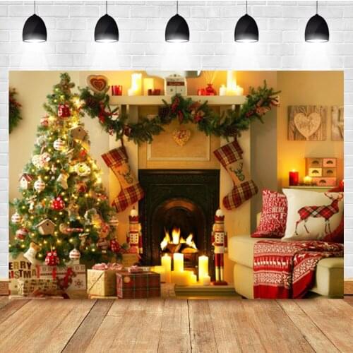 Laeacco Indoor Christmas Tree Fireplace Reindeer Socks Sofa Birthday Photo Photography Background Backdrop For Photo Studio