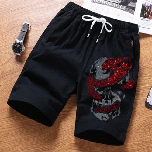 Summer New Joker Leisure Rhinestone Loose Outdoor Sports Comfortable Breathable Straight Cotton Mens Shorts