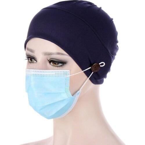 Hotsale Muslim Women Candy Solid Color Turban Side Button for Mask Hanging Head Wrap For Cancer Patients Bonnets For Women