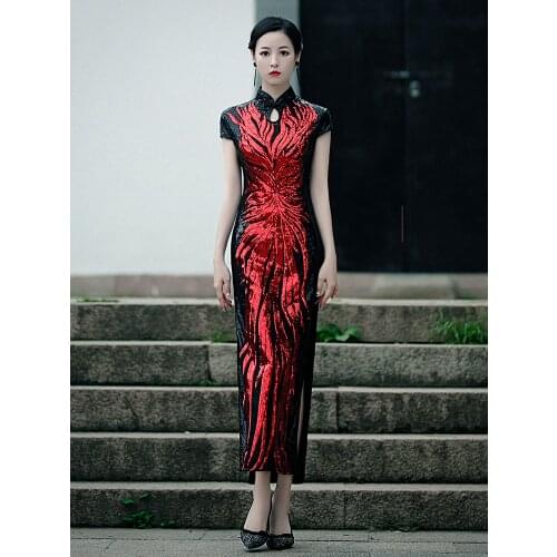 Fashion Sequins Embroidered Evening Dress Side-Slit Formal Occasion Women Black Red Short-Sleeve Tea-Length China Cheongsam 2020