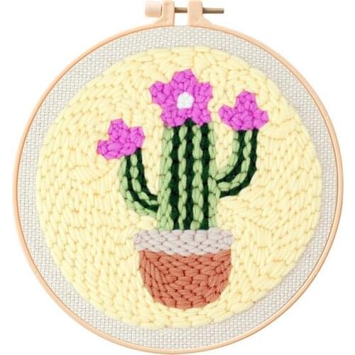 Cactus Punch Needle Starter Kit, Beginner Punch Needle Kit with Adjustable Hoop, Yarn, Burlap with a Pattern, English Manual (A)