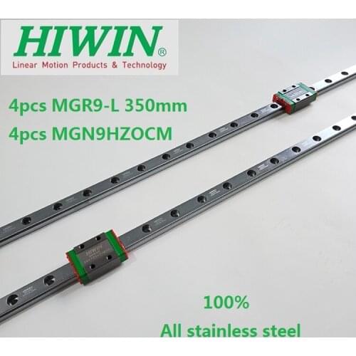 4pcs original Hiwin stainless steel rail MGNR9-L 350 mm + 4pcs MGN9HZOCM stainless steel blocks for 3d printer cnc