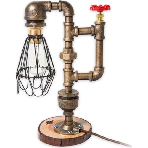 Newly Vintage LOFT industrial iron water pipe desk lamp table lights countryside wood base nightlight dimmable desk lights