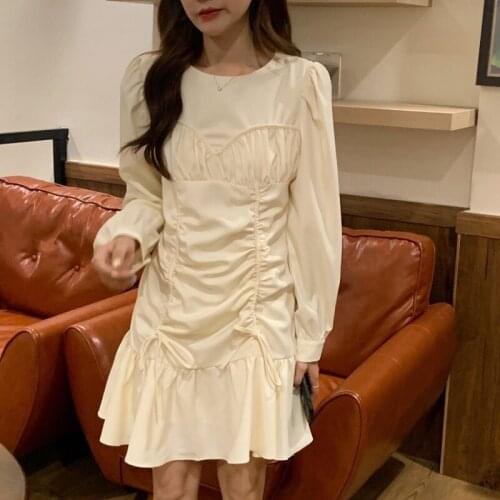 2021 New Spring Dress Drawstring Pleated Fishtail Dress Solid Color Slim and Versatile Skirt