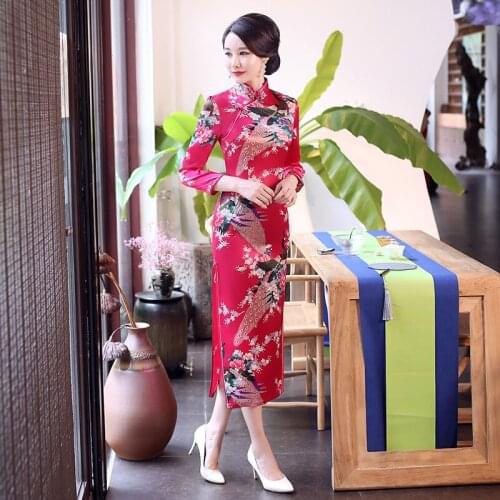 New Peacock Silks Mom Chinese Tradition Ladies Cheongsam Qipao Dress Plus Size Oriental Dresses Cheongsams Evening Gown China