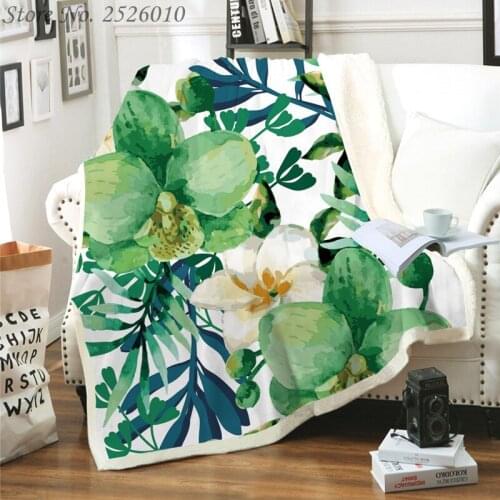 Throw Blanket Green Leaves Flowers 3D Velvet Plush Blanket Bedspread for Kids Girls Sherpa Blanket Couch Quilt Cover Travel 05
