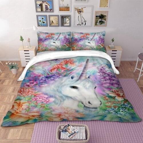 White Unicorn Flowers Duvet Cover 3D Printing Colorful Bedding Set Single Twin Full Queen King Bedclothes