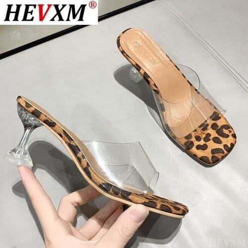 HEVXM 2021 Big Shoes 34-42 Leopard Print Sandals Open Toe High Heels Women Transparent Slippers Clear Zapatillas Mujer Casa