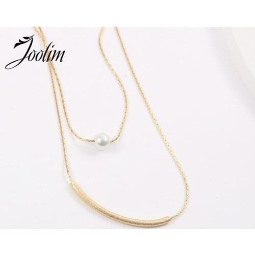Joolim Jewelry PVD Gold Finish Double-deck Fold Wear Pearl Pendant Necklace Stylish Stainless Steel Necklace