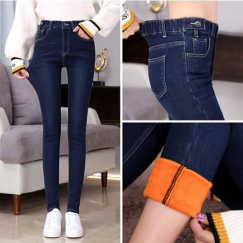 2020 Winter Plus Size Push Up Female Jeans With High Waist Buttons Denim Pants Women Black Warm Mom Jeans Skinny Jeans Woman
