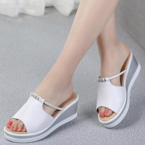 2021 Women Slipper Sandals High Heels Wedges Platform Leather Fish Mouth Crystal Elegant Female Slipper Summer Ladies Shoes