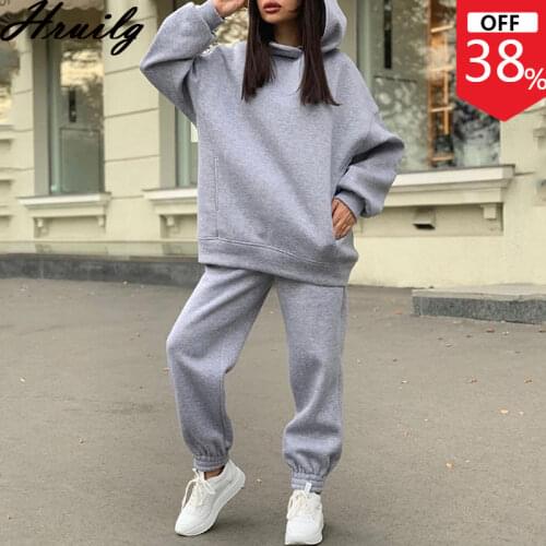 2 Piece Set Women Casual Loose Hooded Sweatshirts Tops Long Pants Sets Autumn Winter Solid Lounge Wear Two Piece Outfits