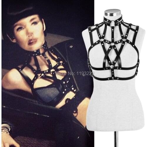 Cool Choker Real Leather Women Harness Punk Rivet Body Caged Belt Bra Top Frame Waist Belt Dancing Performance
