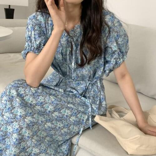 2021 New Women Summer Long Floral Dress Sashes Ruffled Round Collar Loose Pullover Maxi Sundress