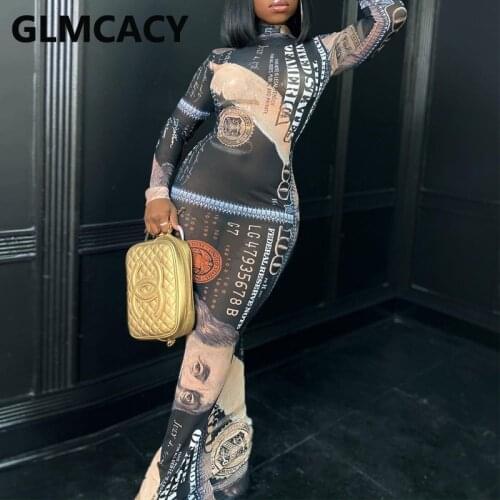 Women USD Printed Bodycon Maxi Dress Sexy Mesh Party Club Dresses